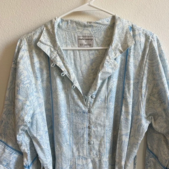 Sue Sartor India Amory Floral Midi Tie Waist Dress Blue White Size Small - Picture 3 of 10